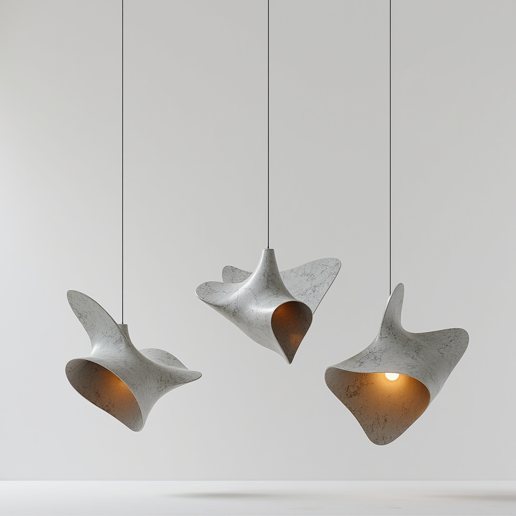 Tre lampade a sospensione moderne e artistiche con forme irregolari e texture grigie su sfondo bianco. arch-12 A-12 Simone Rosi design