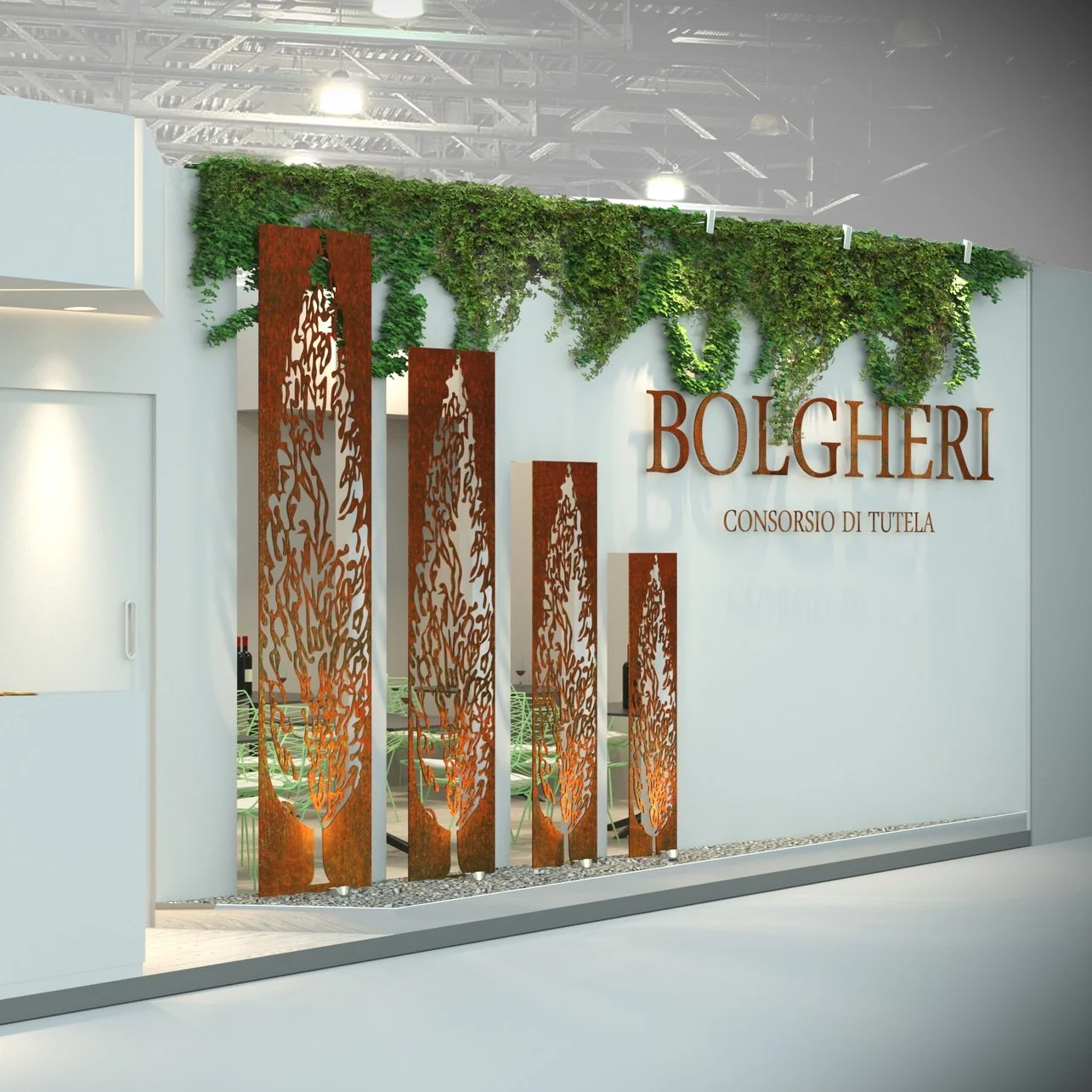 Mostra con parete decorativa, vegetazione, e scritta "Bolgheri Consorzio di Tutela".