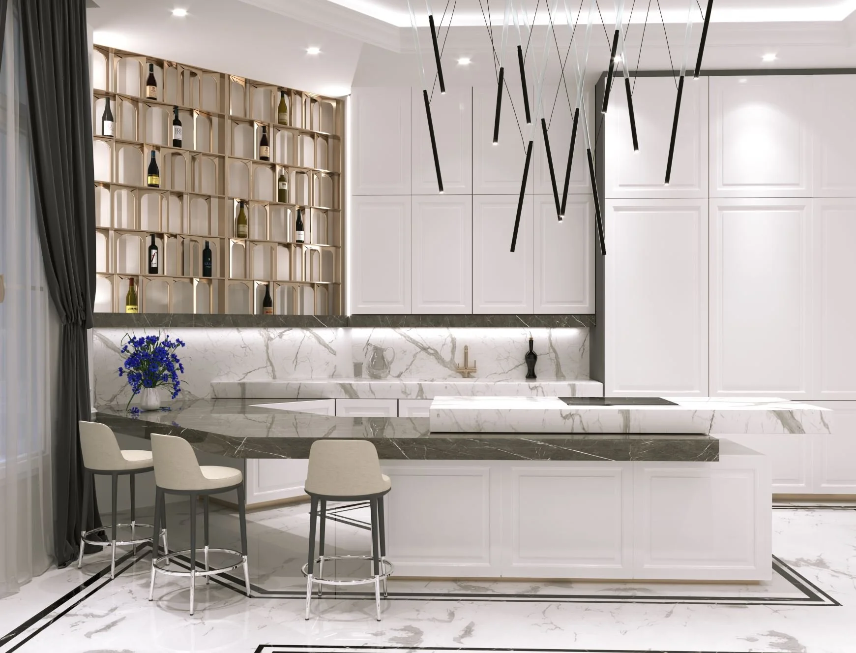 Cucina moderna con arredamento elegante, bancone in marmo, sedie imbottite, scaffale a parete con bottiglie, lampade sospese nere, e decorazione floreale blu.arch-12 A-12  Simone Rosi design