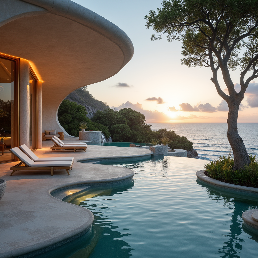 Design moderno di una casa con piscina a sfioro, lettini prendisole, tramonto sull'oceano, vegetazione lussureggiante, e un albero a sinistra.