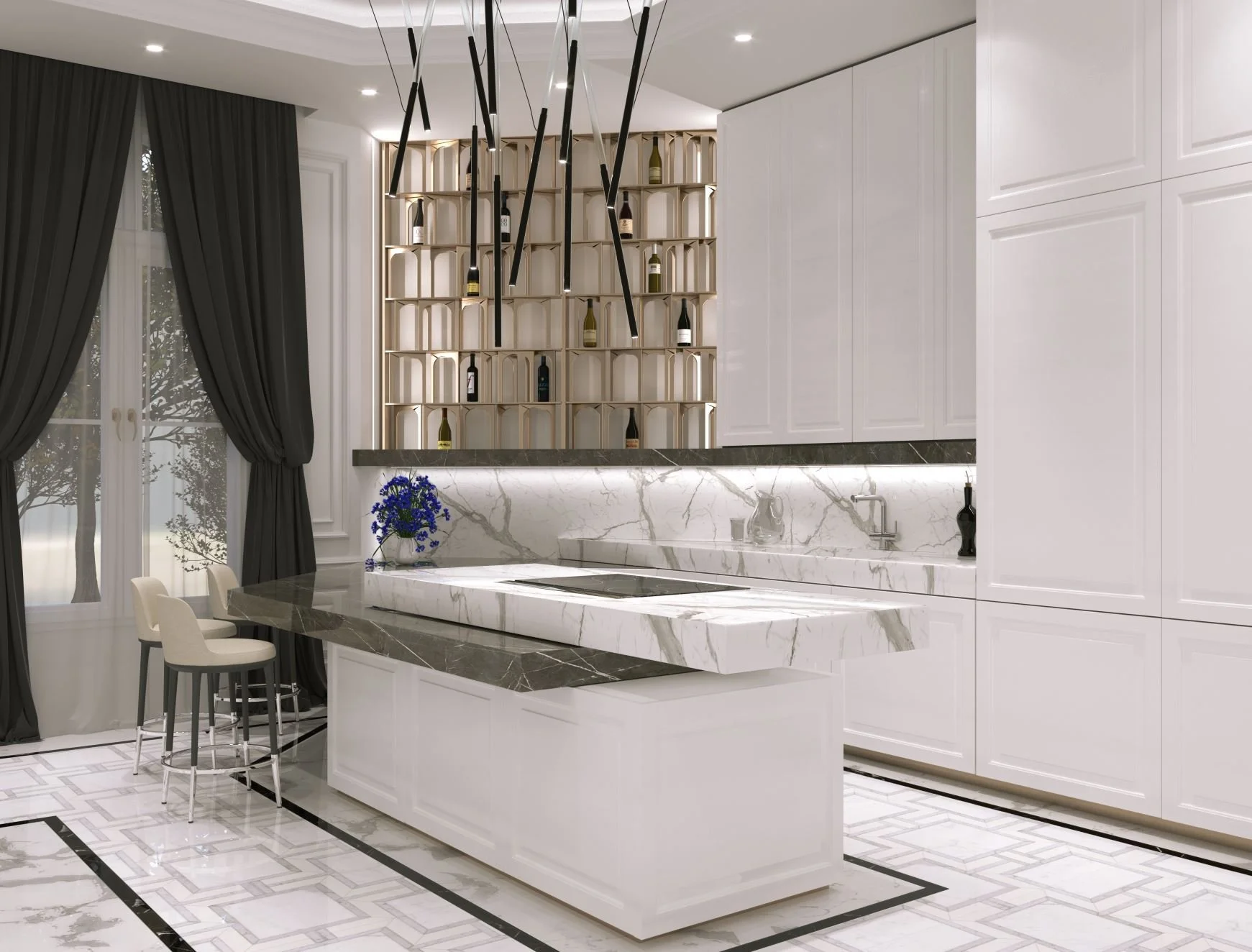 Cucina moderna con isola in marmo, armadietti bianchi, e luci pendenti. C'è un ripiano con bottiglie di vino e un vaso di fiori blu. Le tende scure coprono una finestra.arch-12 A-12  Simone Rosi design