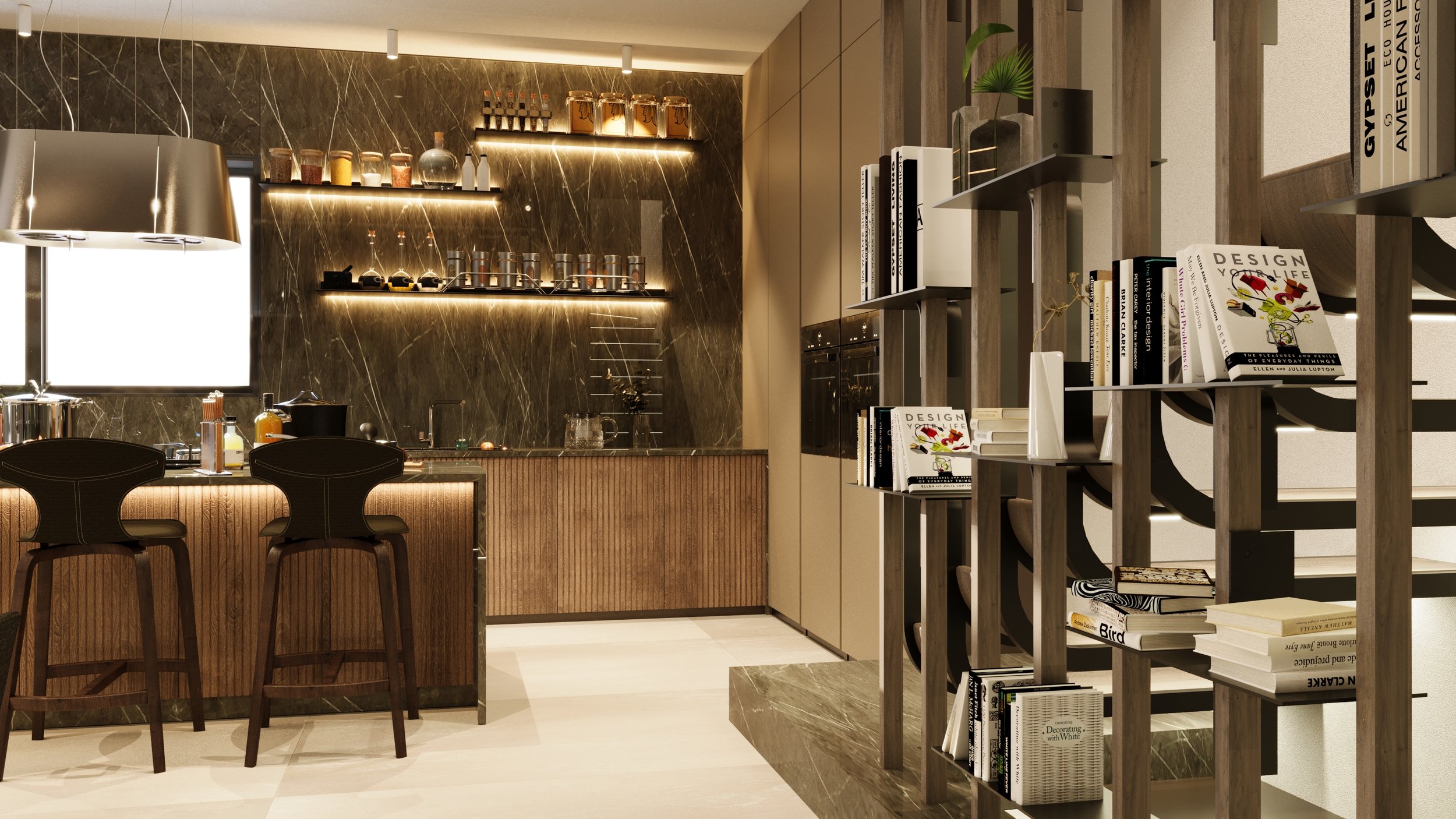 Cucina moderna con scaffali e libri, illuminata in modo elegante e arredata con sgabelli alti e superfici in legno e marmo.arch-12 A-12 Simone Rosi design