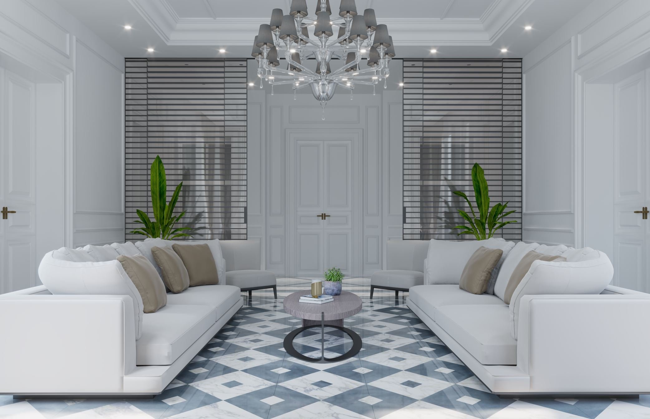 Salotto elegante con due divani bianchi, tavolino centrale, pianta decorativa e lampadario lussuoso. arch-12 A-12  Simone Rosi design