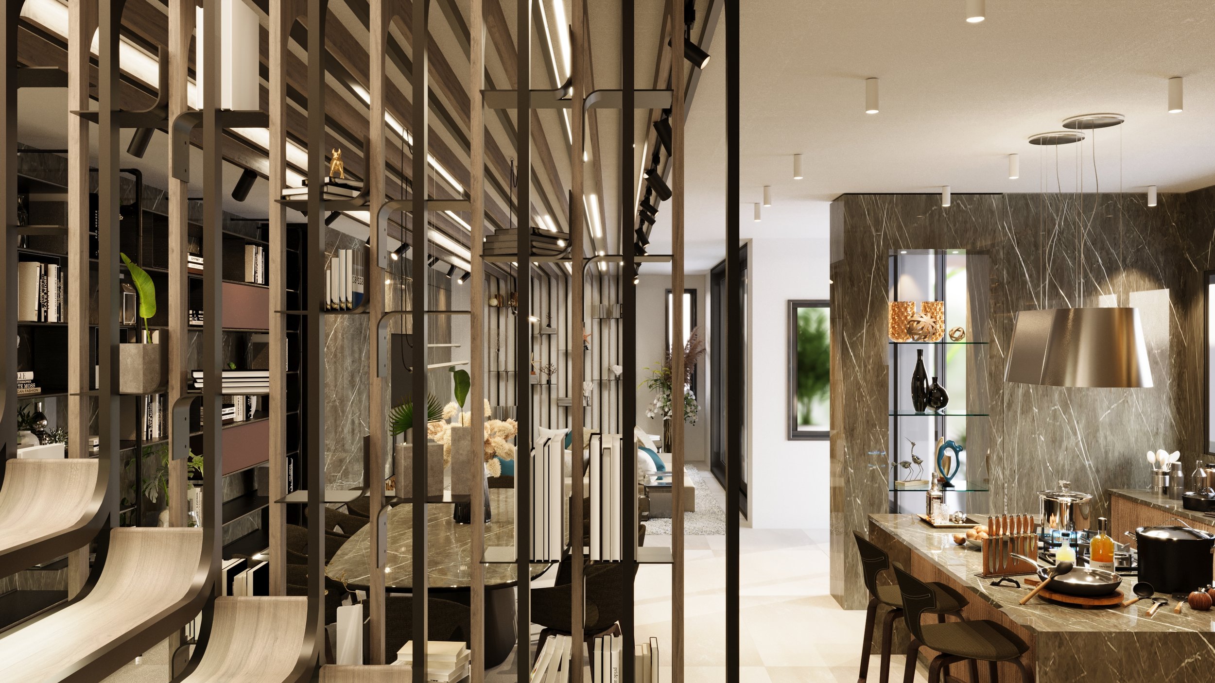 Interno moderno con cucina aperta, tavolo da pranzo in marmo, scaffalature con libri e decorazioni. La stanza è illuminata da faretti e ha un design elegante e contemporaneo.arch-12 A-12 Simone Rosi design