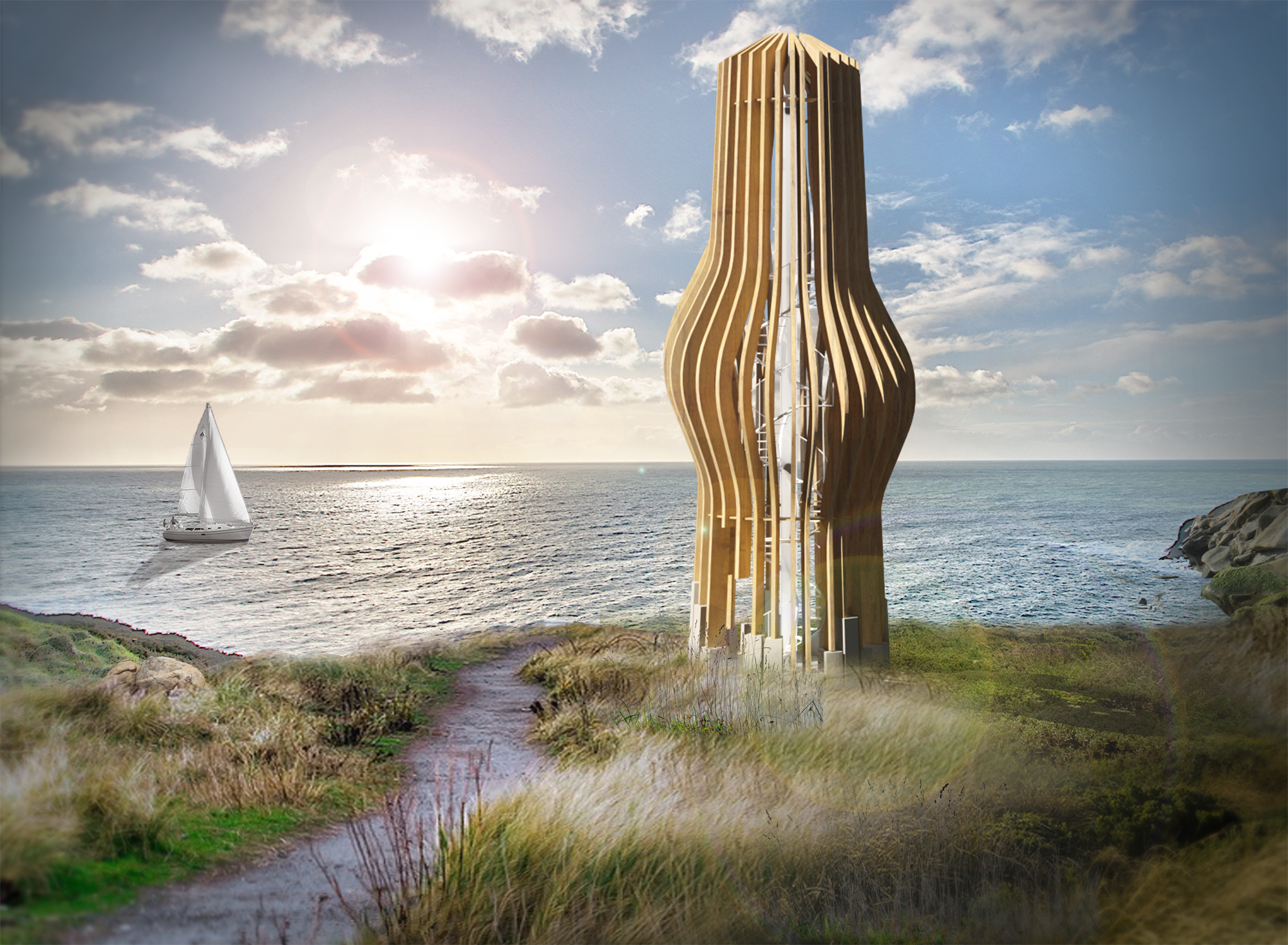 Struttura moderna in legno su una scogliera con vista sul mare, barca a vela sull'acqua e sole al tramonto.