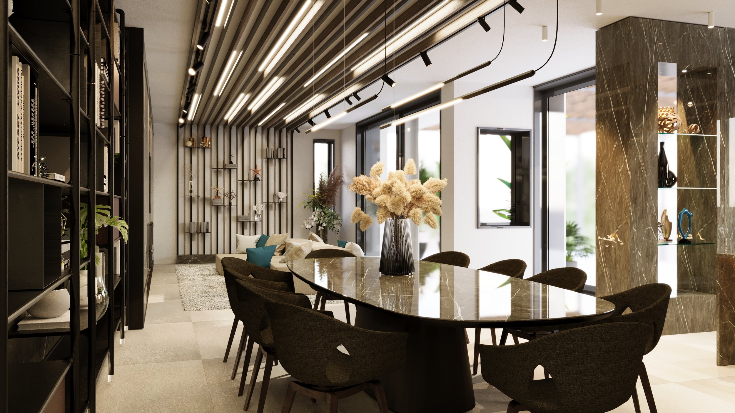 Interno moderno con tavolo ovale in marmo, sedie eleganti e decorazioni floreali in vaso. Pareti con illuminazione contemporanea e libreria a mensole con soprammobili.arch-12 A-12 Simone Rosi design