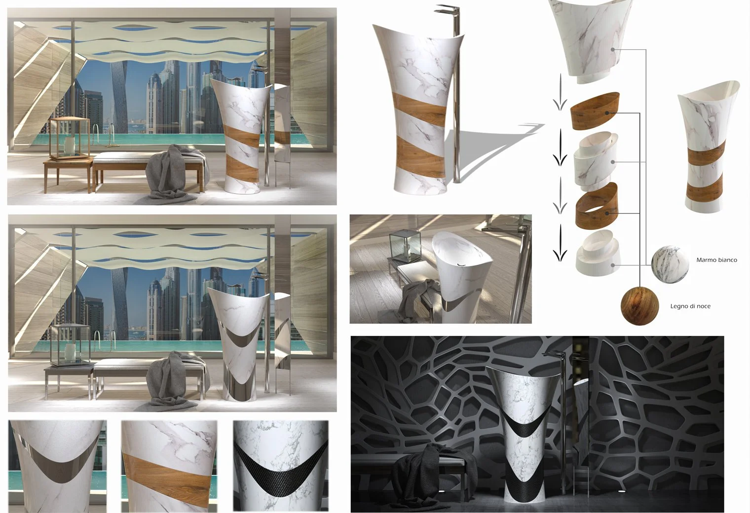 Design di lavabi in marmo e legno di noce con struttura moderna e geometrica, ambientati in interni lussuosi con vista sulla città.  Arch-12 - A-12-Simone Rosi design