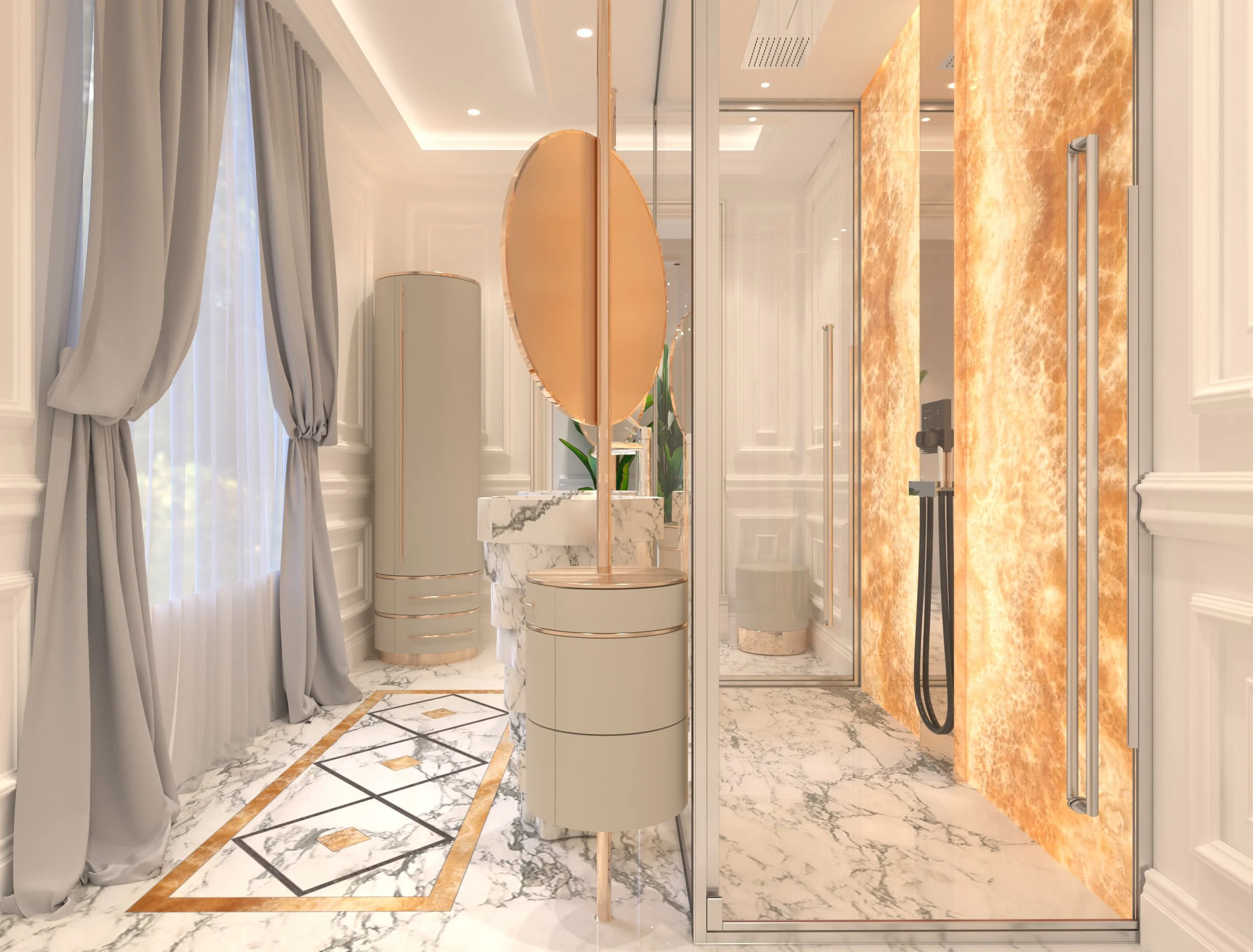 Bagno di lusso con pavimento in marmo, tenda grigia, doccia con pareti illuminate, specchio ovale e arredi moderni.arch-12 A-12 Simone Rosi design
