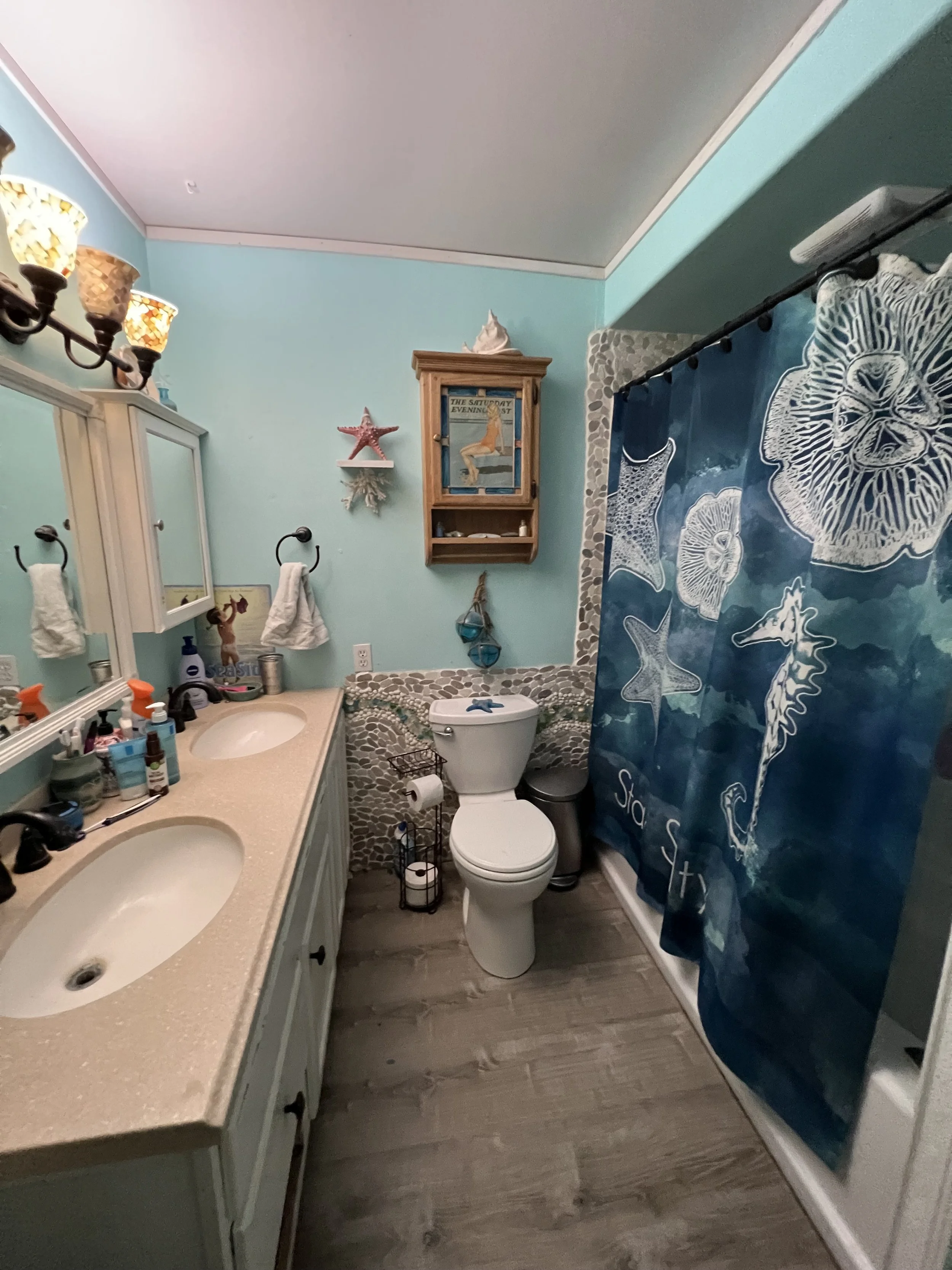 A small bathroom with a dual-sink vanity, a toilet, a shower with sea life themed curtain, wall-mounted cabinet, decorative wall hanging, and a pebble border decor around the bathtub.
