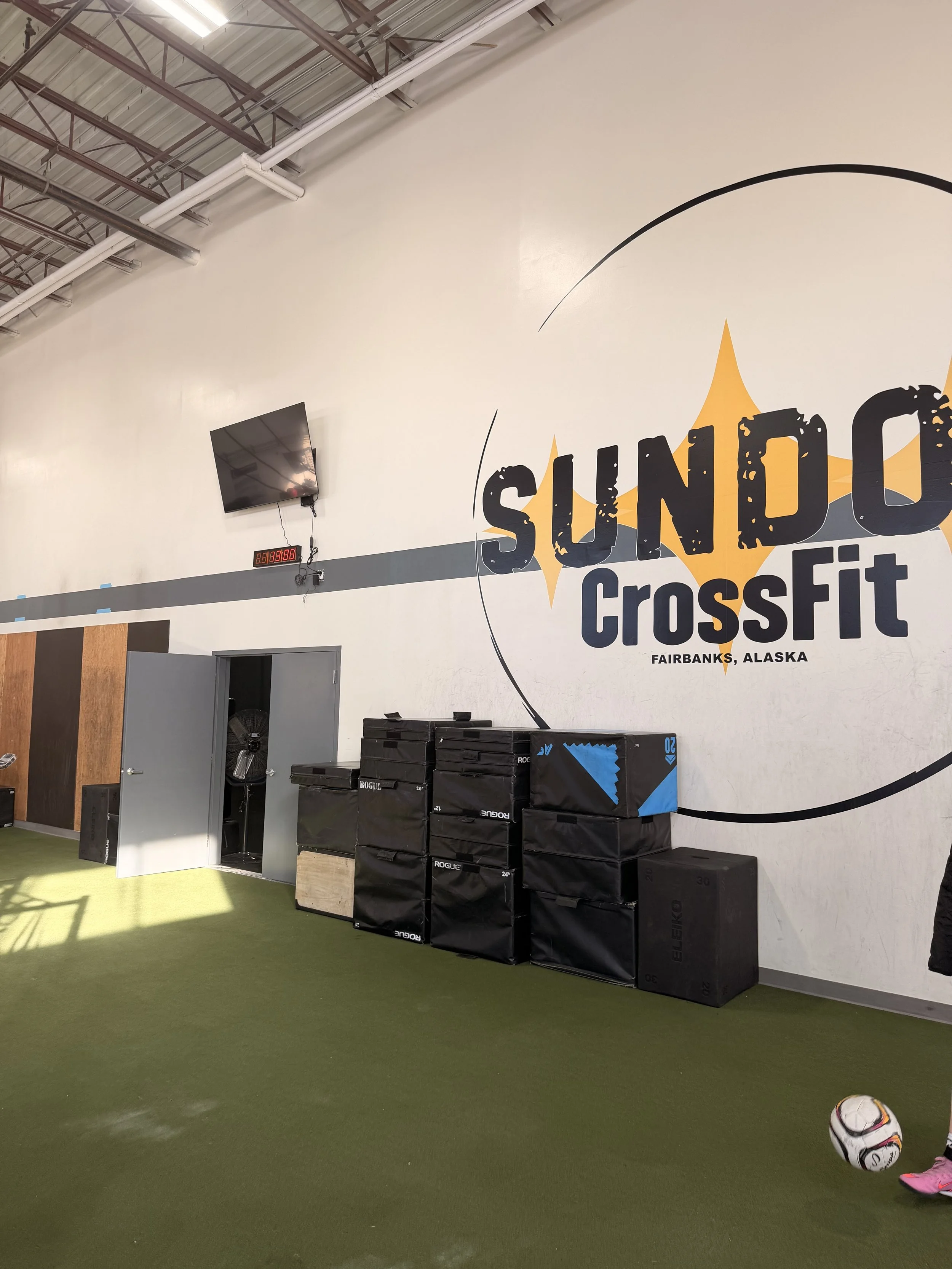 Indoor gym with green turf flooring, wall decals with the logo 'SUNDOG CrossFit Fairbanks, Alaska,' stacked black and blue workout equipment, a wall-mounted TV, and a soccer ball on the floor near pink shoes.