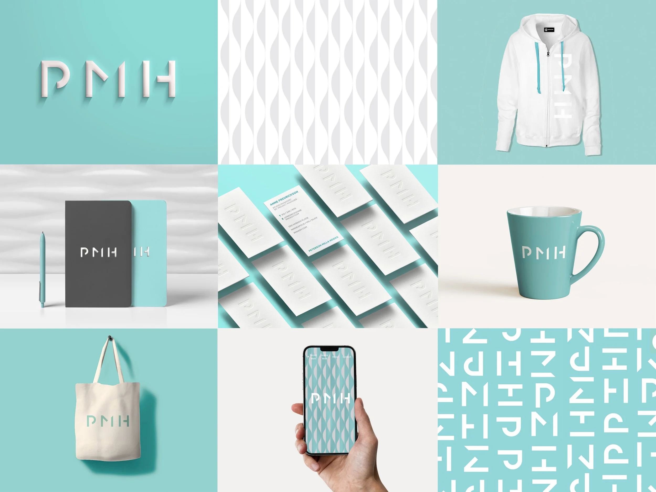 A collage of various products and branding materials for a company called PMH, featuring a color palette of teal, white, and gray. Included are a white hoodie with teal drawstrings, business cards with the PMH logo, a teal mug with the logo, a notebook with the logo, a tote bag, an eye chart, and a person holding a smartphone displaying the PMH logo.