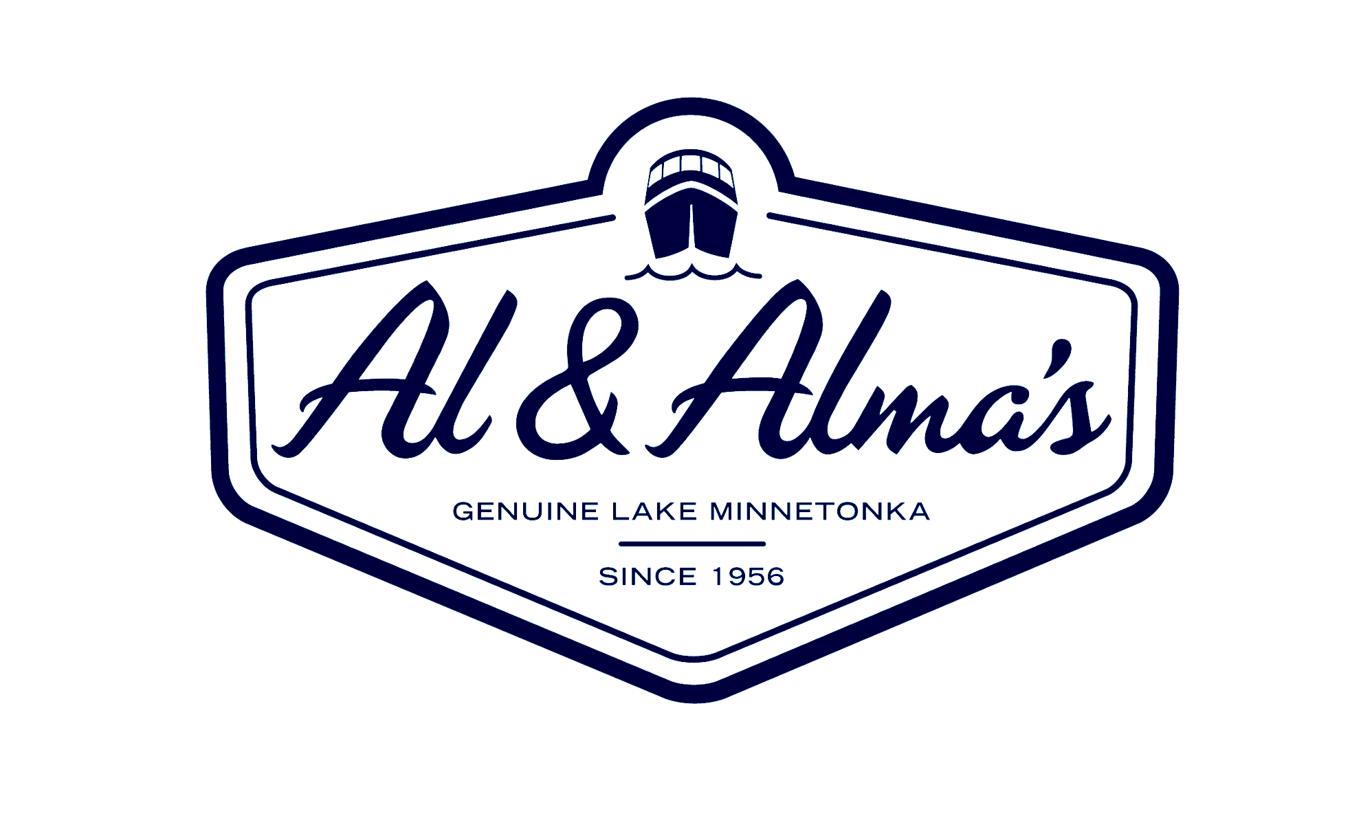 Neon sign for Al & Almas, a Lake Minnetonka-based business established in 1956, with a boat graphic at the top.