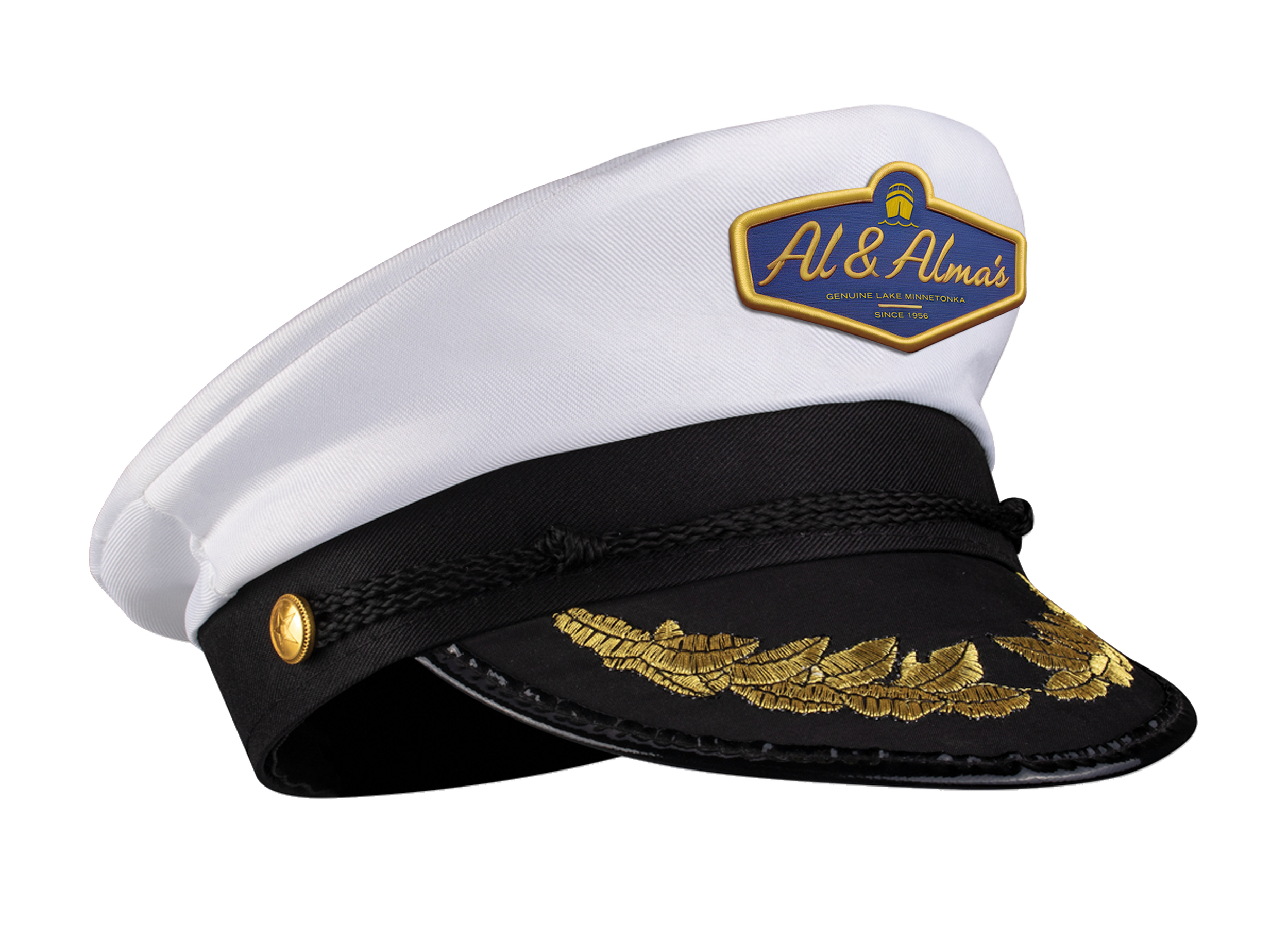 Image of a white chief's hat with a badge labeled "Al & Almas" featuring a boat, a black captain's hat with gold embroidery, and a black hat with a gold emblem.