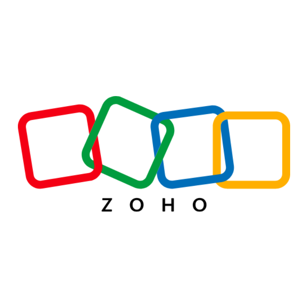 Colorful overlapping square outlines in red, green, blue, and yellow with the word 'ZOHO' beneath in black letters.