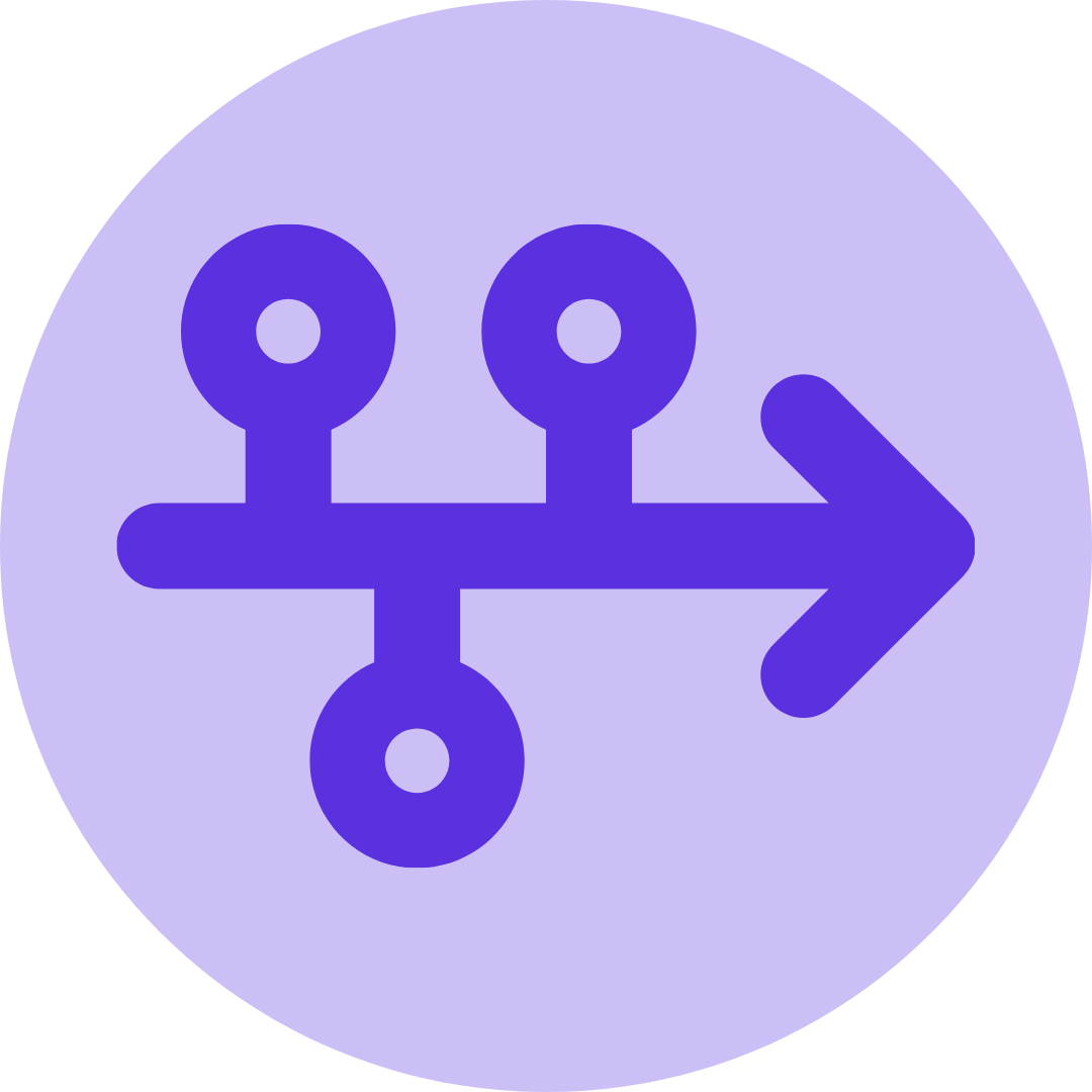 Icon with interconnected circles and an arrow, representing settings or automation