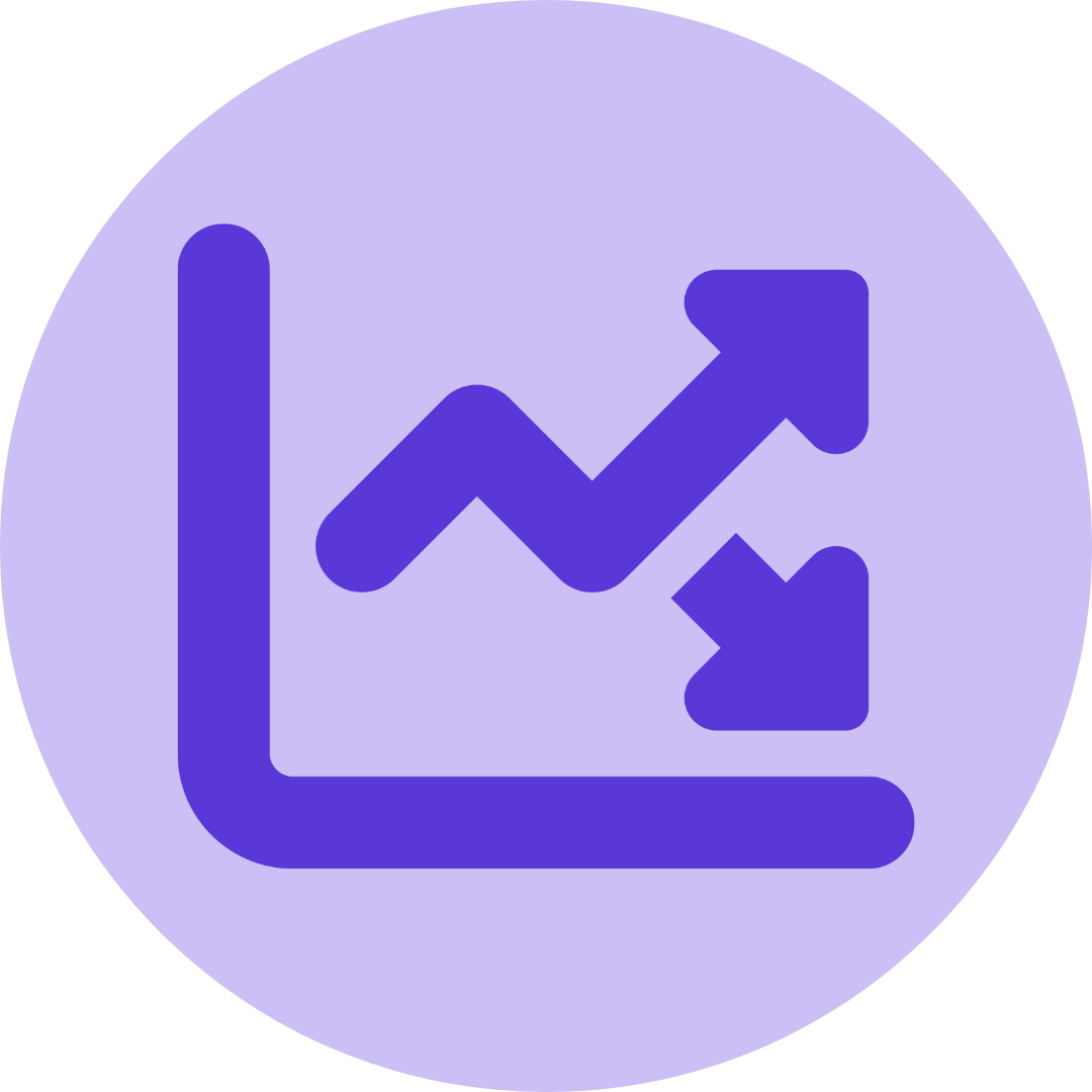 A purple circular icon with a line graph and arrows representing growth or data analysis.