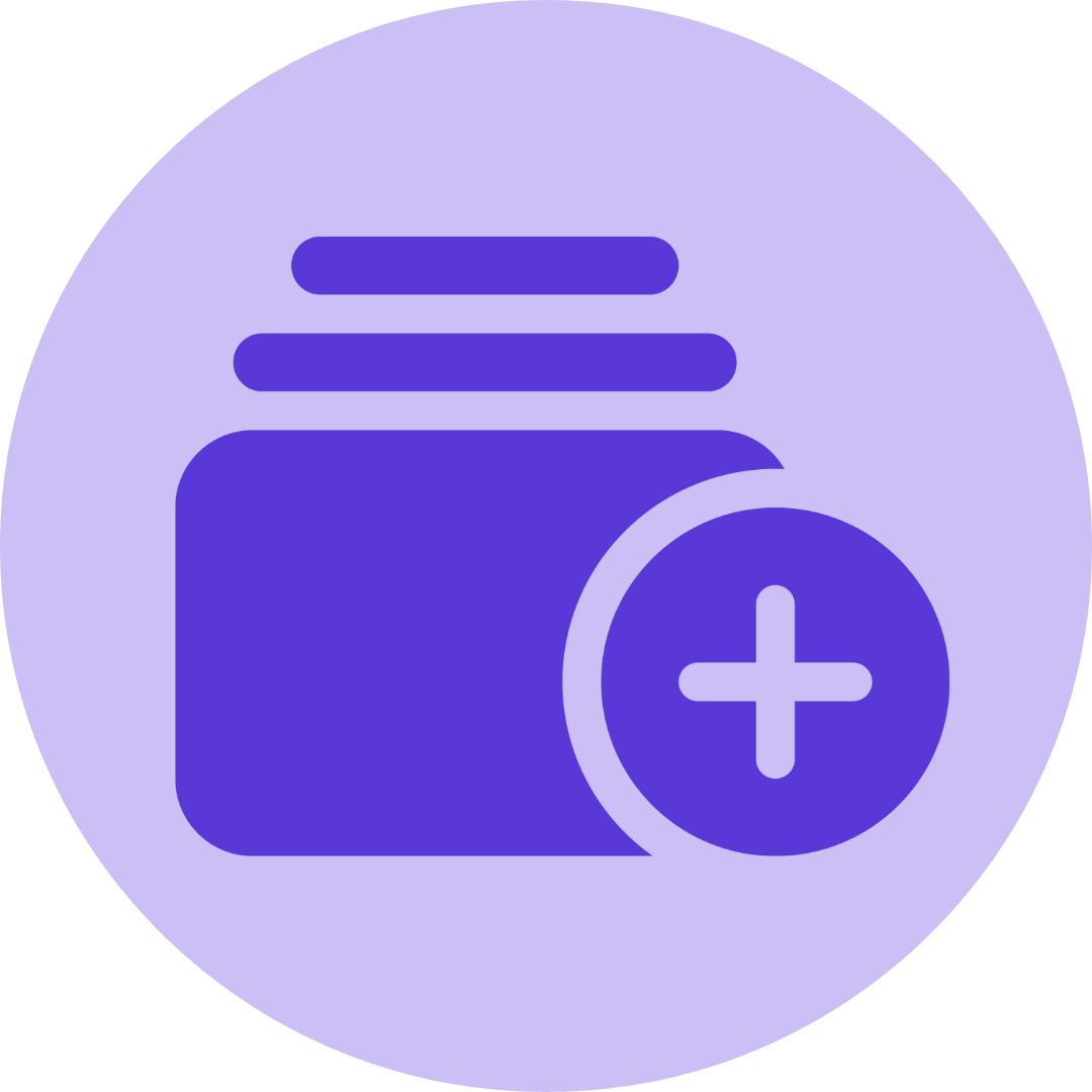 A circular icon with a purple background featuring a plus sign inside a circle, overlaid on a faint outline of a jar with a lid.