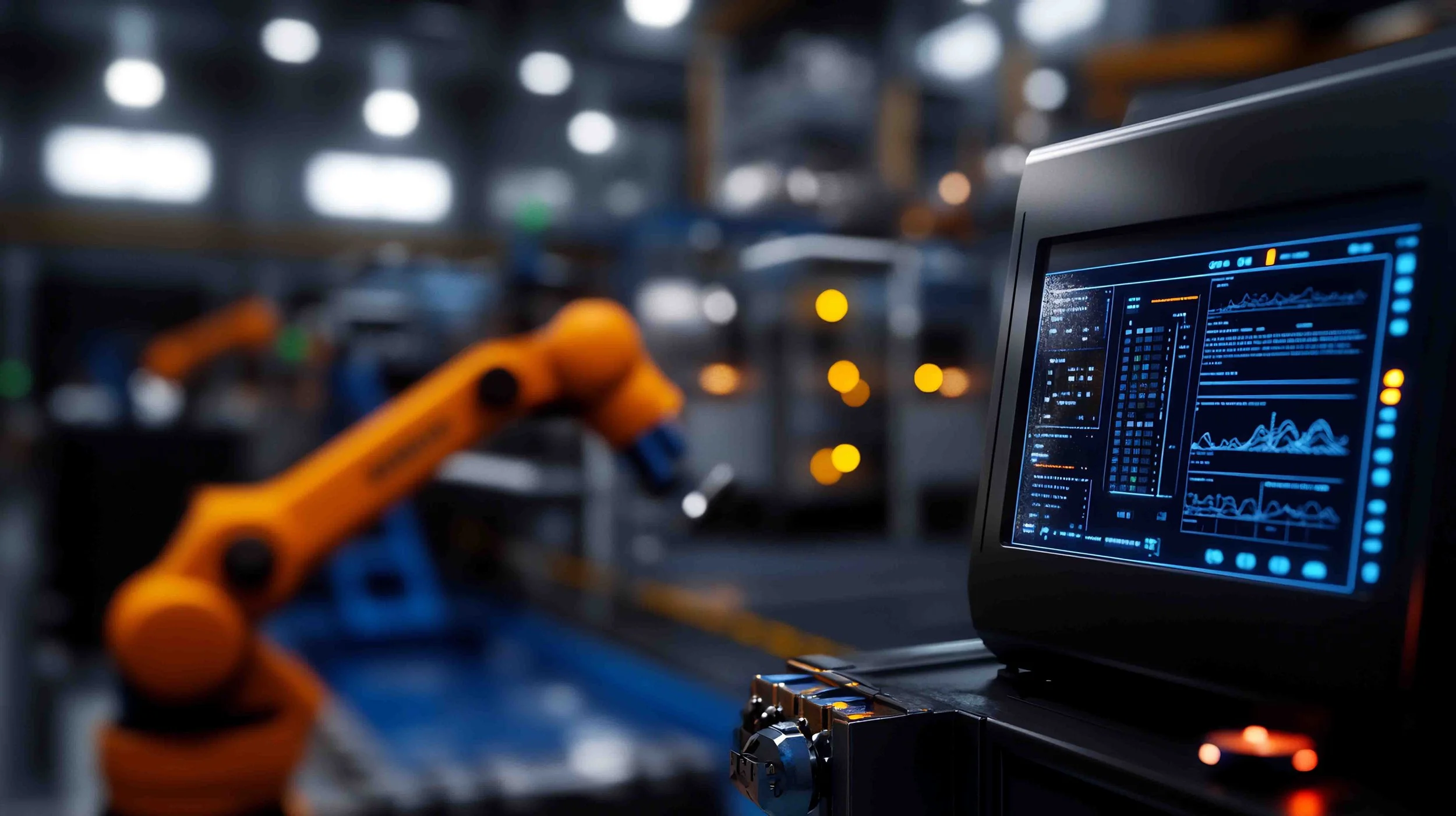 Industrial robotic arm working in a factory with a computer displaying data and graphs in the foreground.