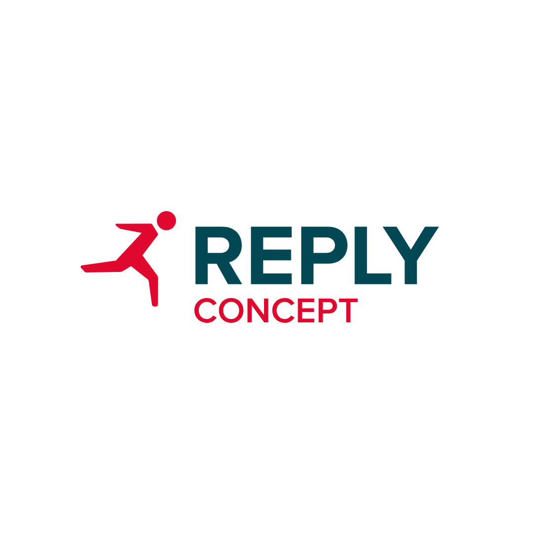 Logo with a red running figure and the words 'REPLY CONCEPT' in blue and red.