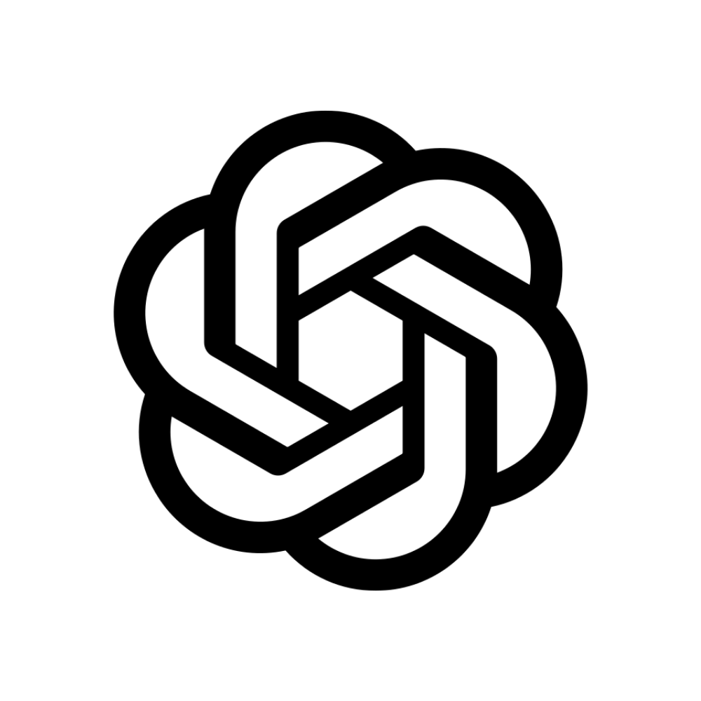 A black and white abstract geometric logo with interconnected loops forming a hexagon shape.