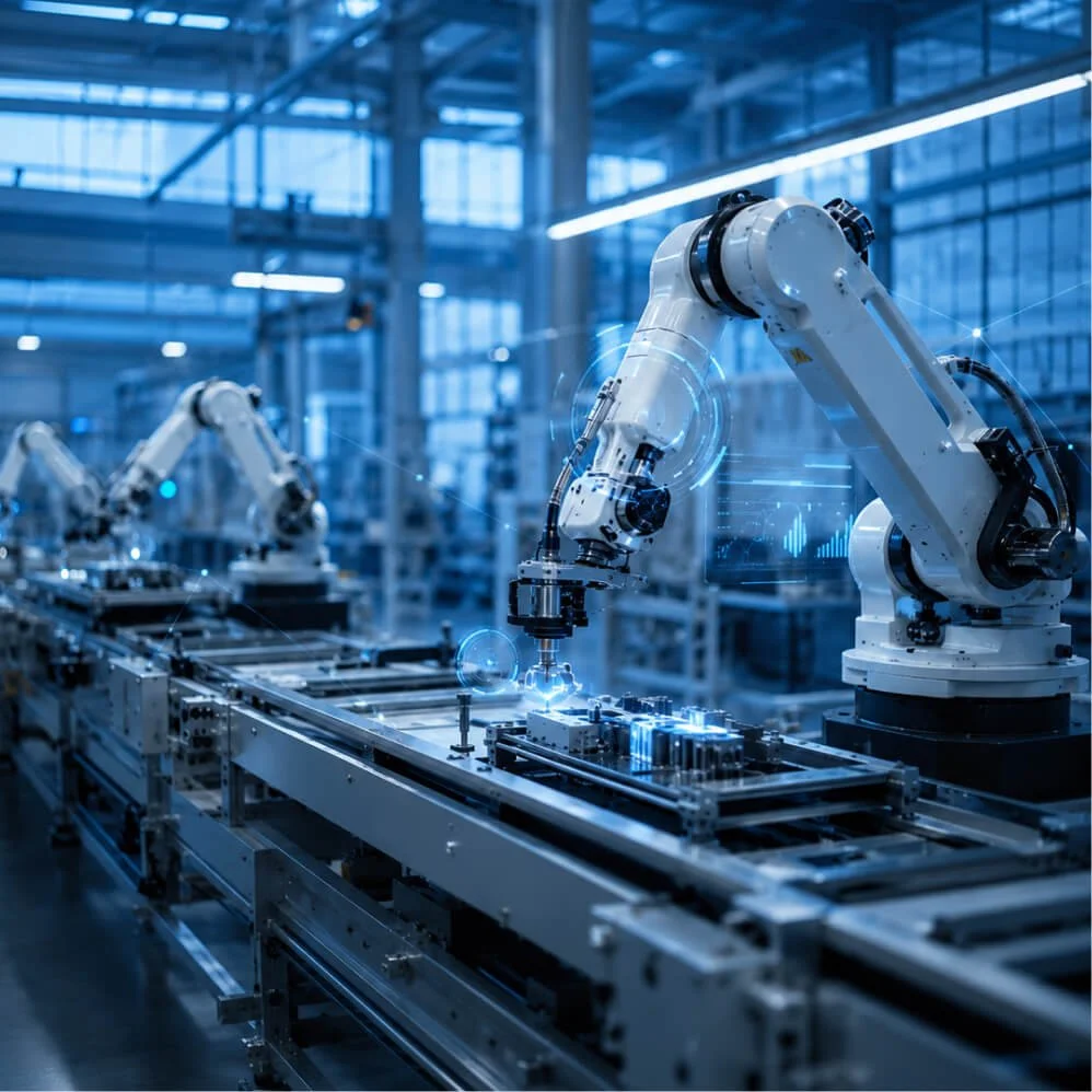 Robotic arms in a factory setting assemble electronics on a conveyor belt. The scene is illuminated in blue, conveying high-tech precision and efficiency.
