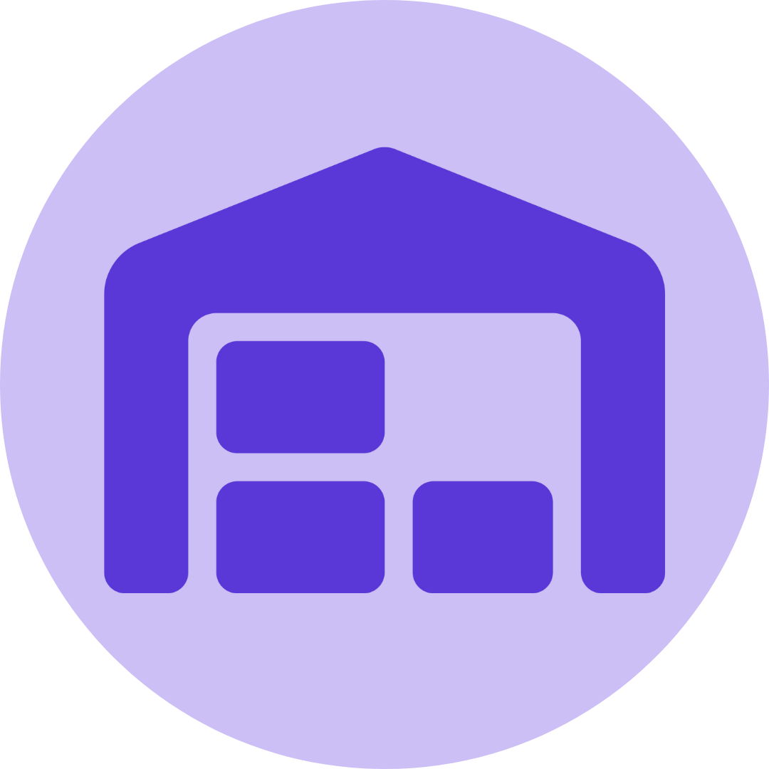 Faded logo with a house and square windows in dark blue tones on a circular purple background.