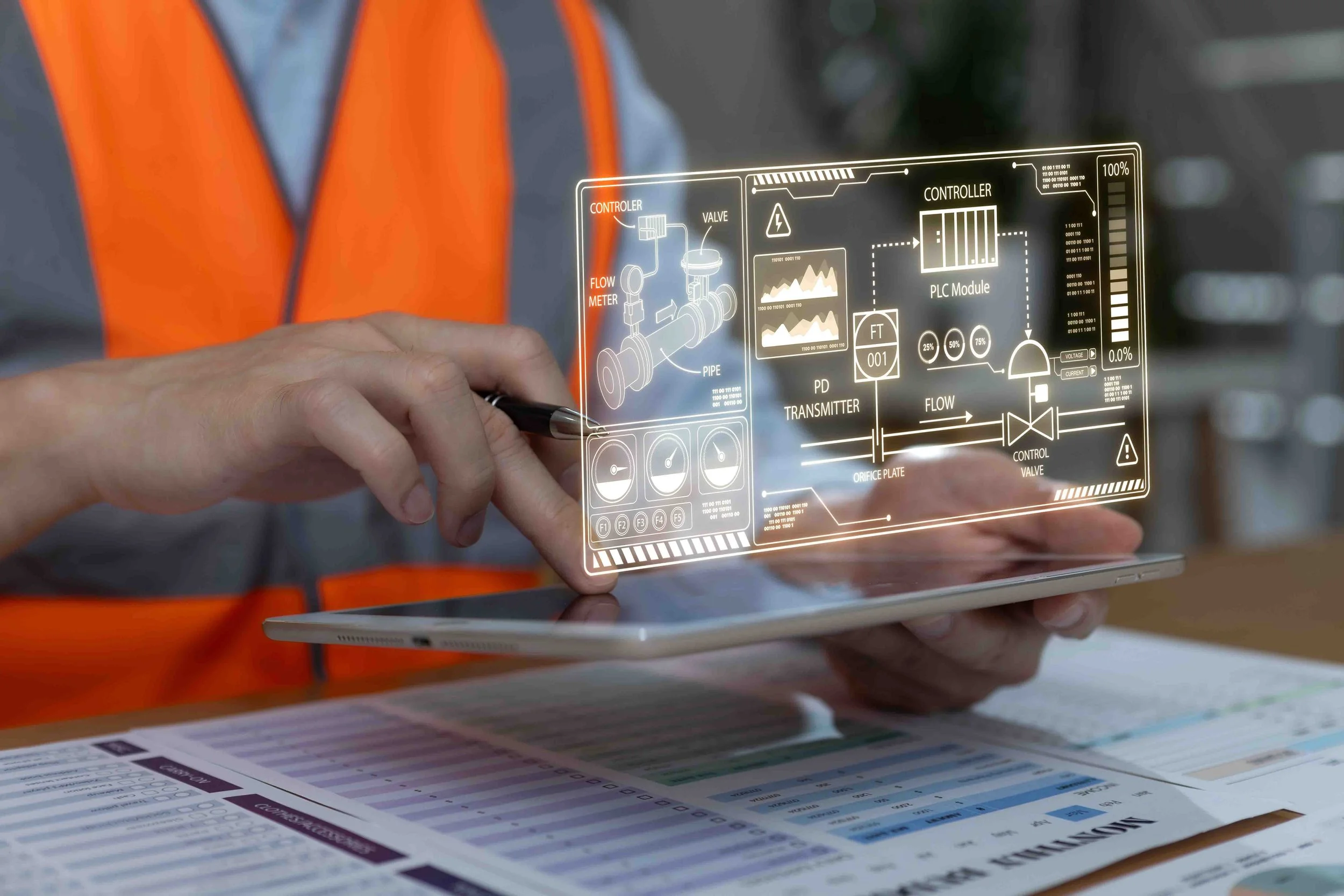 Person wearing orange safety vest using a digital tablet with holographic industrial process diagram display, with printed documents on the table.