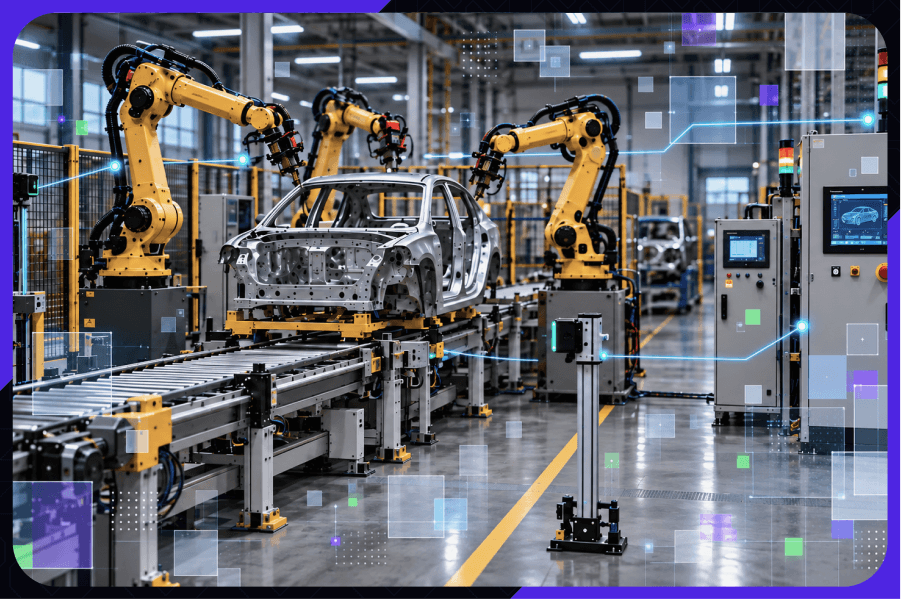 An automobile being produced in a factory with machines and robots around it and sensors, monitors nad other equipment interconnected.