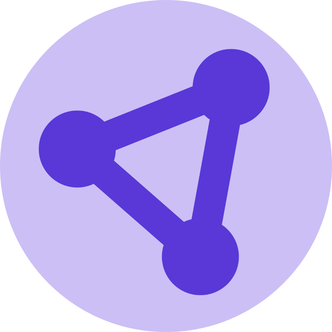 Digital icon for sharing, represented by three connected dots forming a triangle with lines, over a circular blue background.
