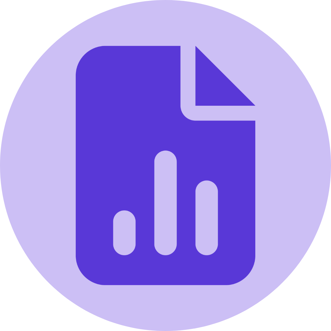 Purple circular logo with a stylized bar chart and document icon in the center, representing data analytics.