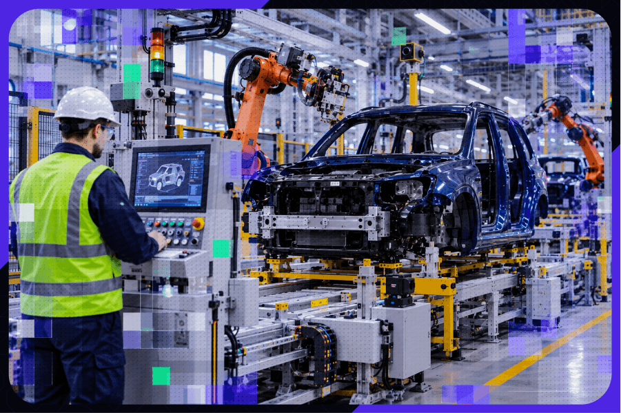 An automotive worker in an automotive factory is looking at a screen in front of a car being assembled.