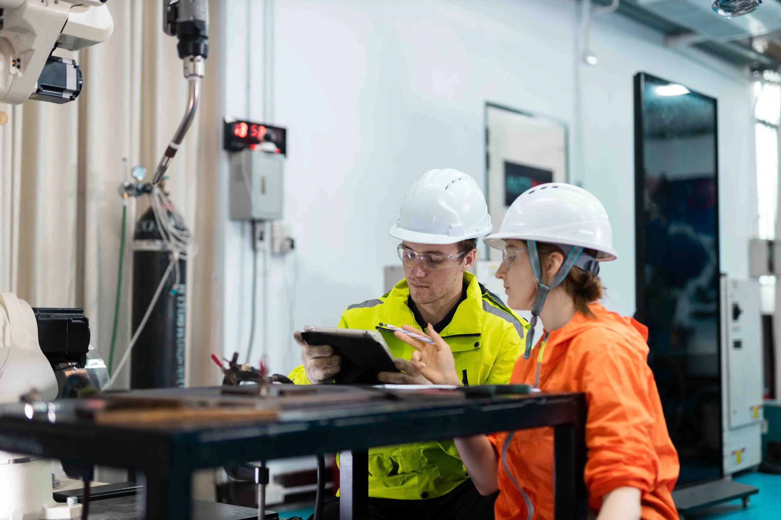 Two industrial workers wearing safety helmets and high-visibility jackets working together with a clipboard in a factory or laboratory setting.