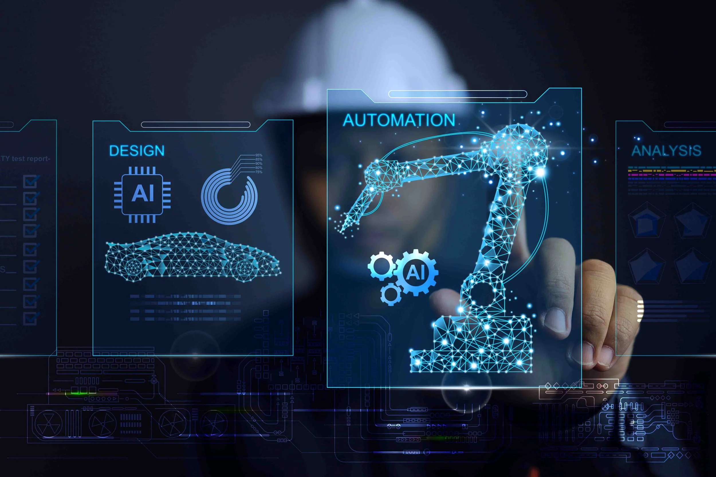 Futuristic digital interface focusing on automation and AI, with a hand pointing at a holographic robotic arm made of glowing blue lines and dots, with icons labeled 'Design', 'Automation', 'Analysis', and AI symbols.