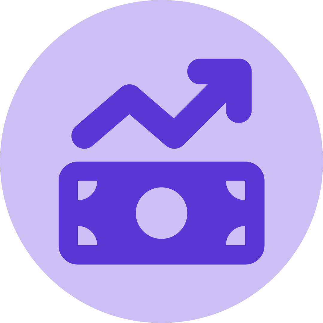 Icon of a line chart with an upward arrow and a square graph symbol in purple
