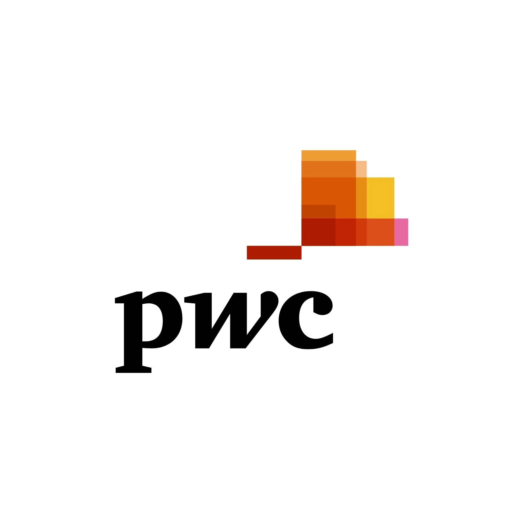 Pixelated logo of PwC with a stylized colorful bar graph above the text.