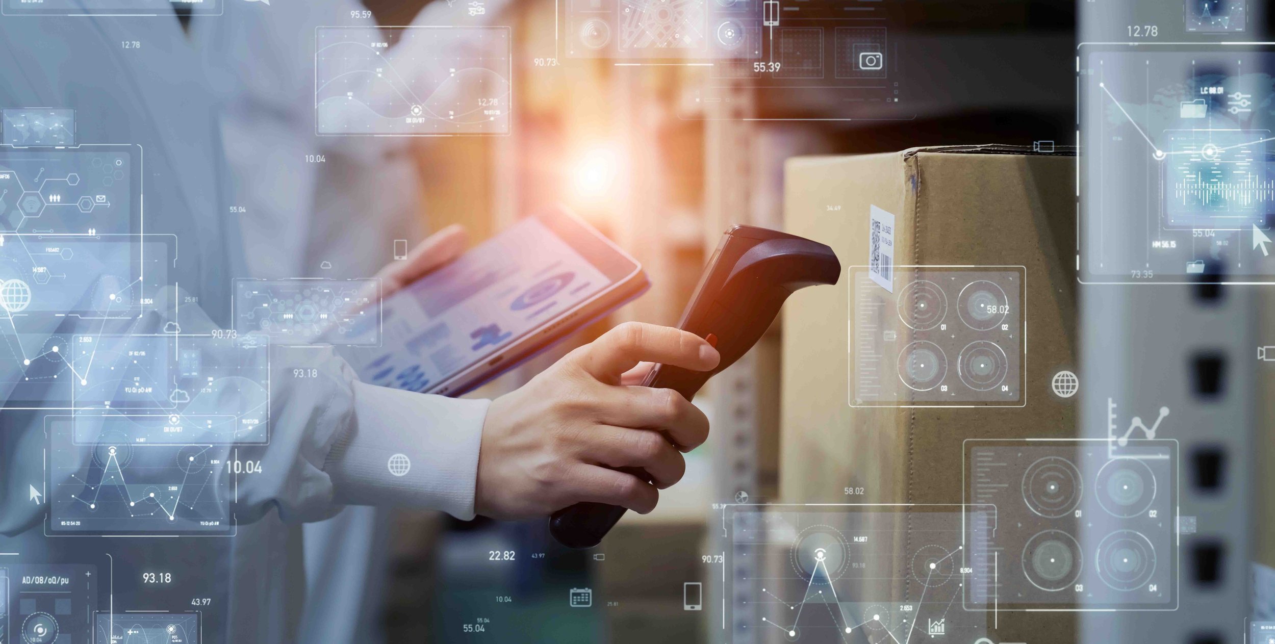 Person using a handheld scanner to scan a package in a warehouse, surrounded by floating digital data and futuristic interface graphics.