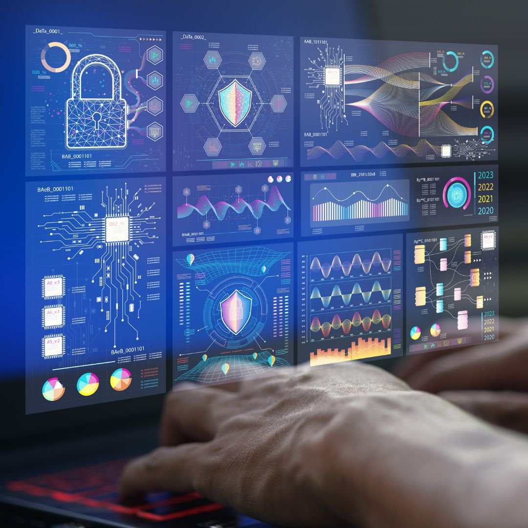 A person operating a futuristic touch screen display with multiple data charts, graphs, and digital security icons.