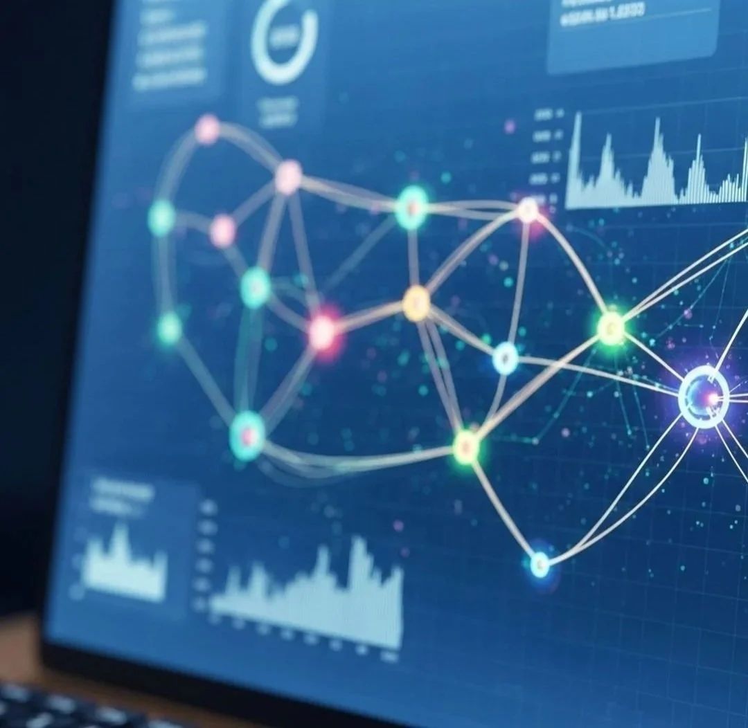 Digital screen displaying a network graph with interconnected colorful nodes, line connections, and chart graphs in the background.