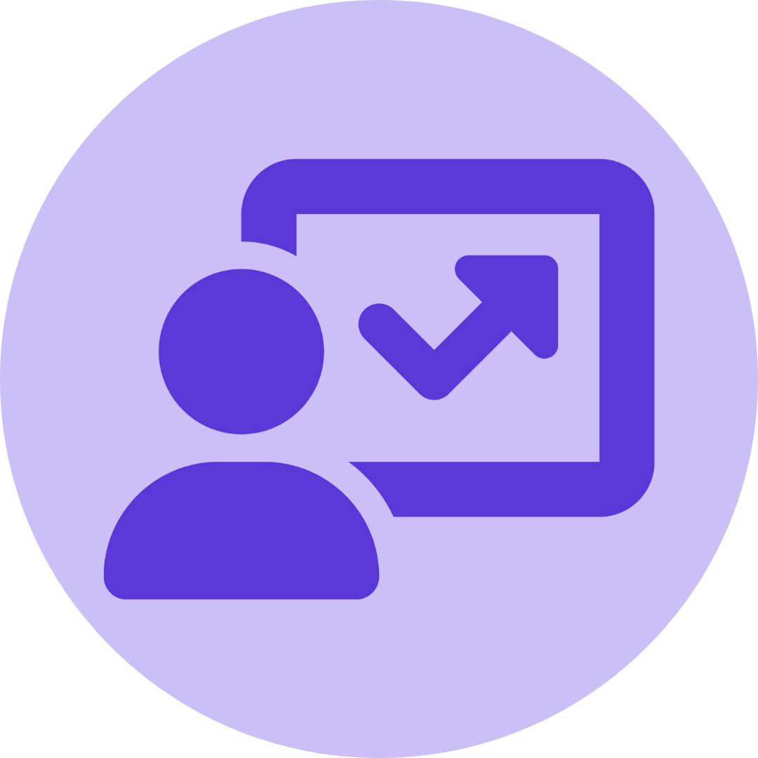 Icon representing a person in front of a share or upload symbol, over a blue circular background.