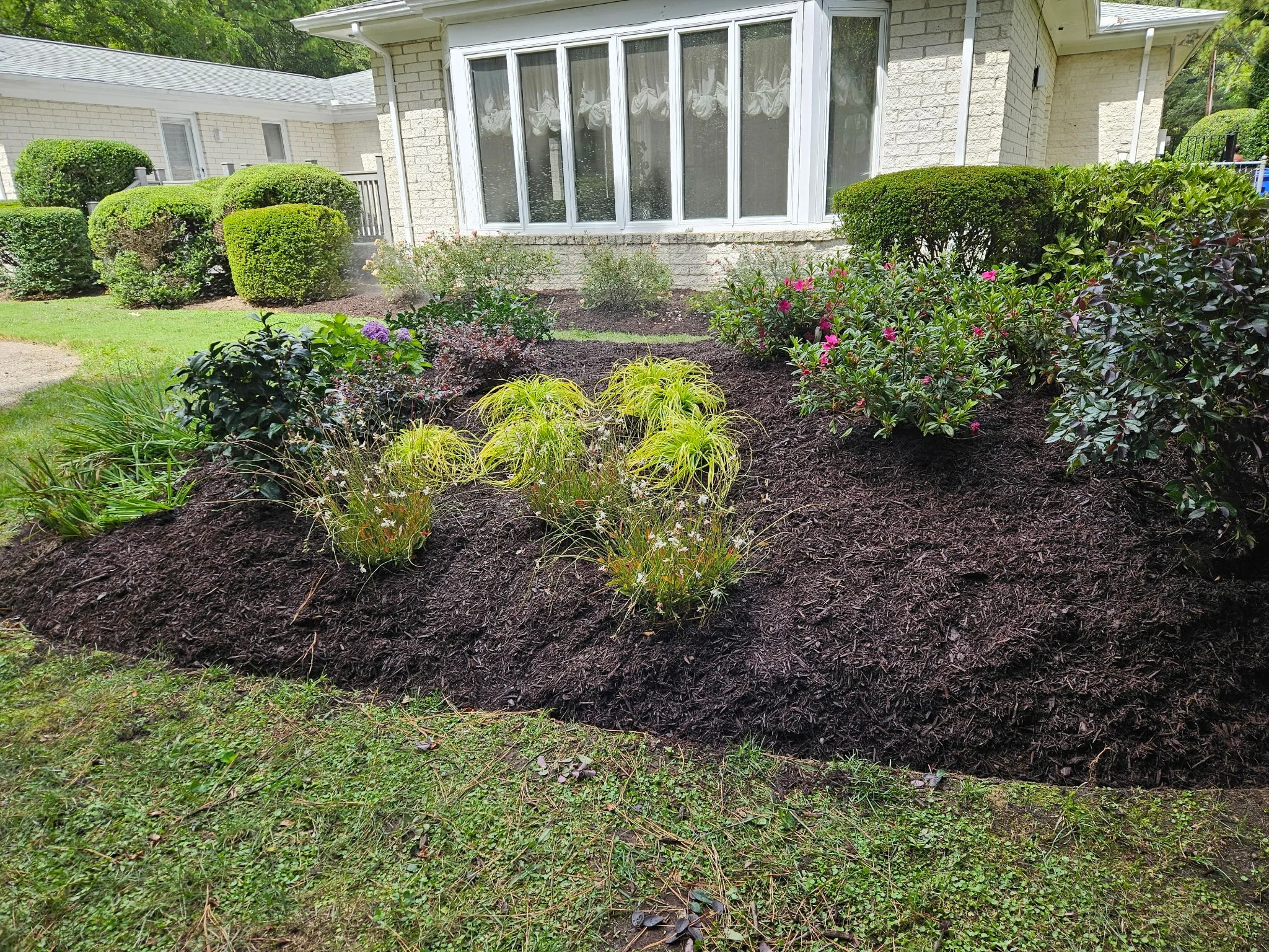 Mulch installation with an even 2–3" layer for moisture retention.