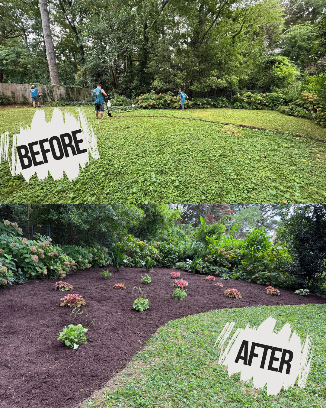 Bed building and landscape installation with clean edges, soil prep, grouped plantings, and a fresh mulch finish.