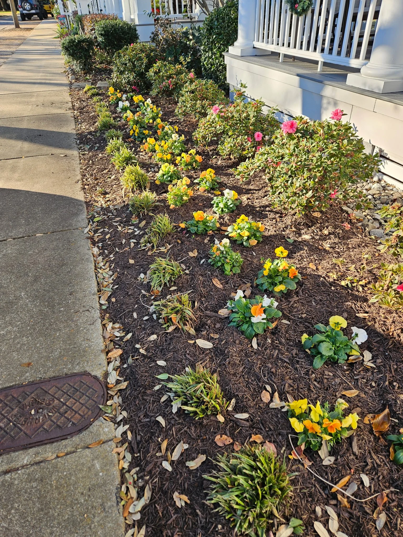After — Seasonal spring plantings with balanced color and proper spacing.