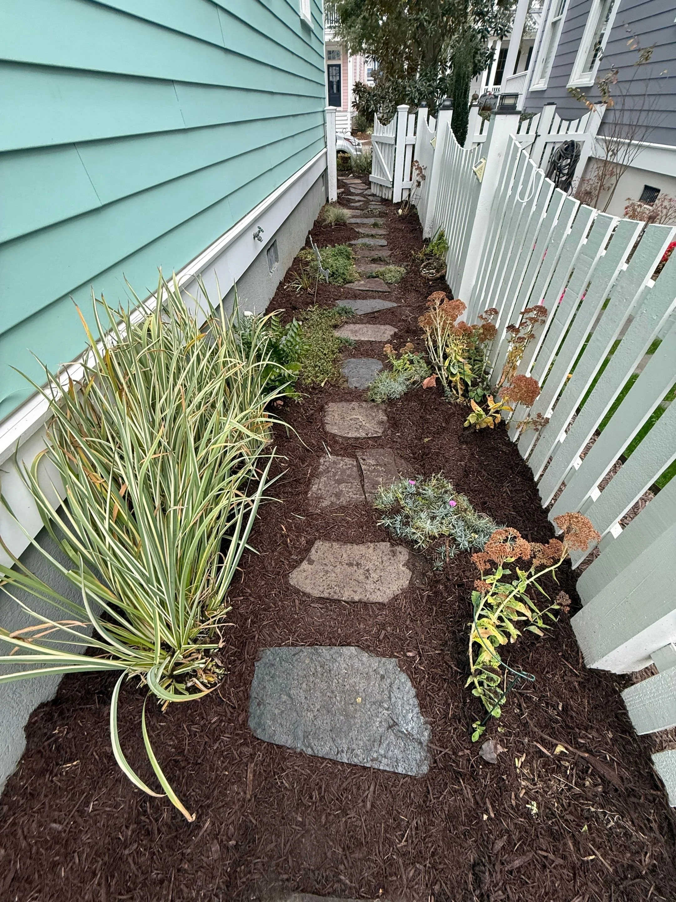 Reconfiguration — Plantings and mulch adjusted to create clear walkway spacing while maintaining layered interest.