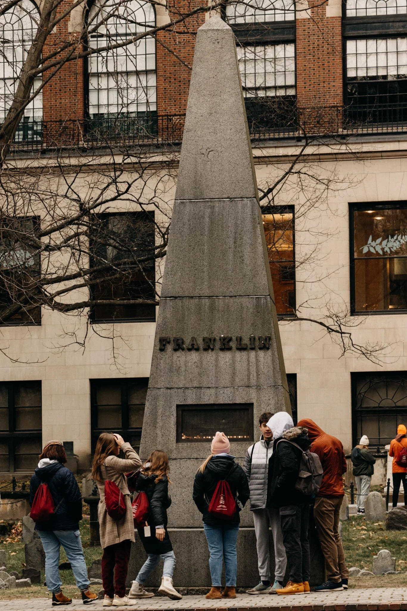 students stand at the Franklin Family Monument in Granary is a key stop on the Freedom Trail