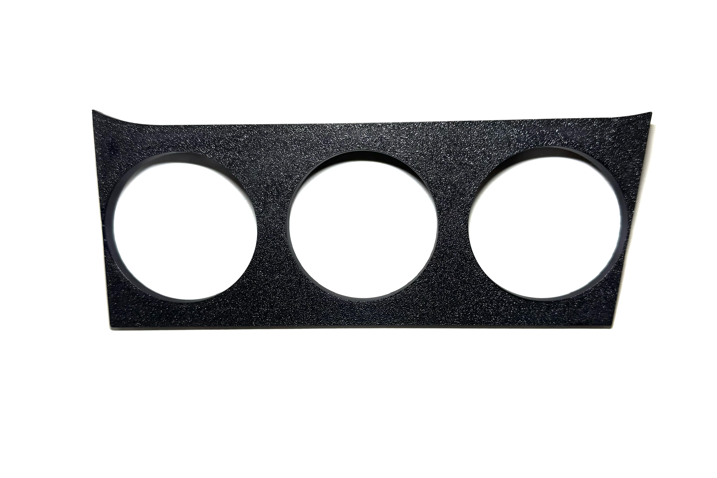 A black foam nail polish buffer block with three large circular cutting areas on a white background.