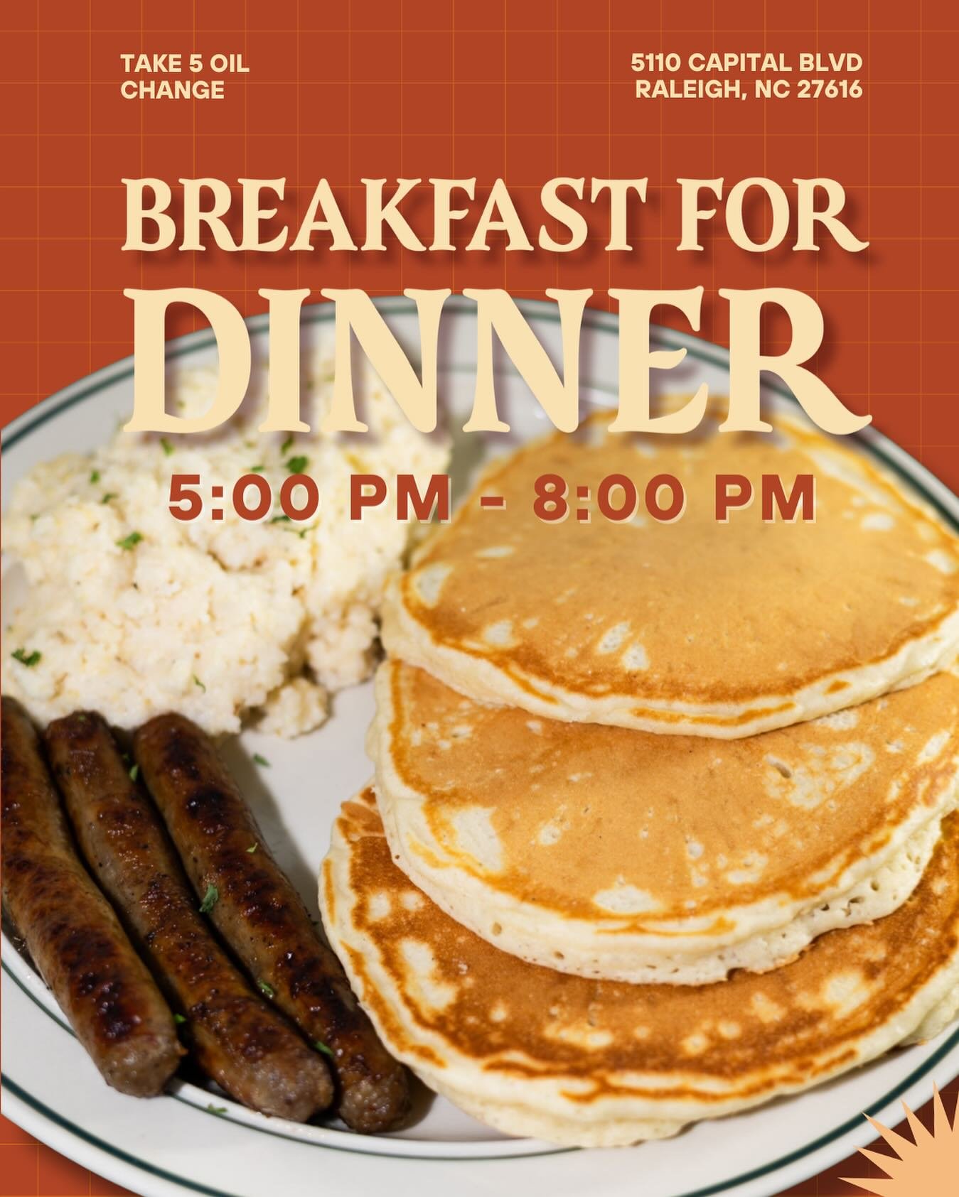 🥞 OPEN FOR DINNER TONIGHT FROM 5:00-8:00 PM 🥞 

📍 Take 5 Oil Change Parking Lot
5110 Capital Blvd, Raleigh, NC 27616

#raleighfood #raleigh #foodie #foodtruckraleigh #breakfastraleigh