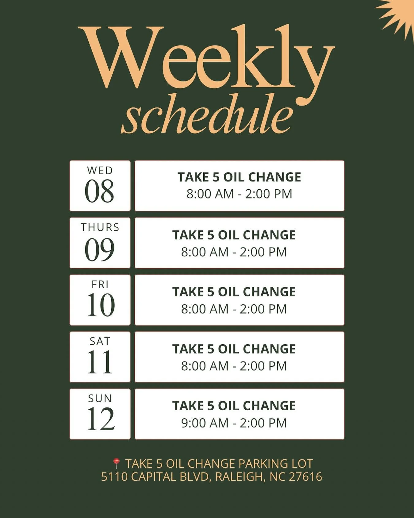 🧇Wednesday- Saturday 8am-2pm
🧇 Sunday - 9am - 2pm
🧇 DoorDash 8am - 1:40pm 

📍 Take 5 Oil Change Parking Lot
5110 Capital Blvd, Raleigh, NC 27616 

See you then. 🥞

#raleigh #raleighfoodie #breakfastraleigh #raleighnc #ncfoodtrucks #foodraleigh #
