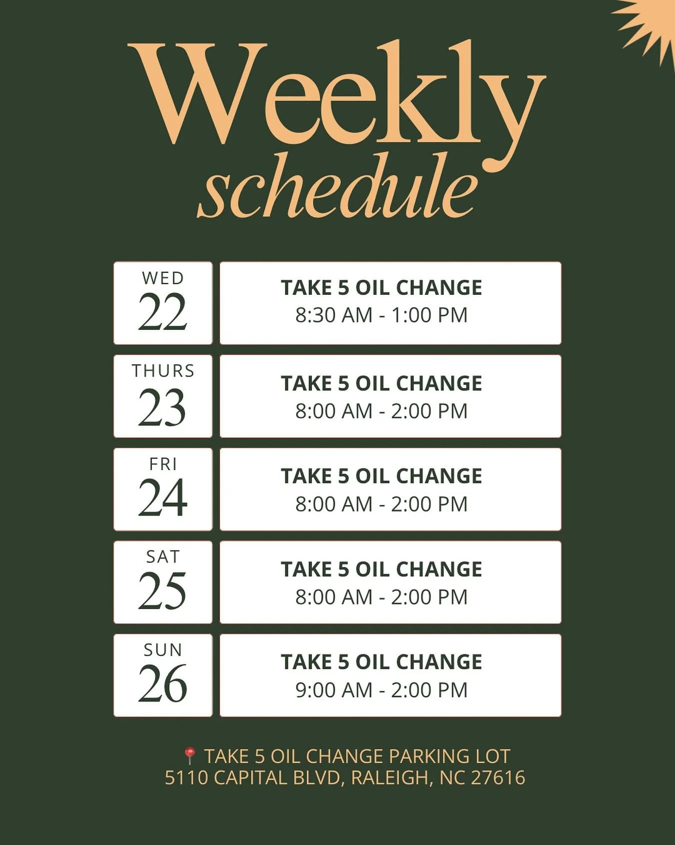 🧇Wednesday- Saturday 8am-2pm
🧇 Sunday - 9am - 2pm
🧇 DoorDash 8am - 1:40pm 

📍 Take 5 Oil Change Parking Lot
5110 Capital Blvd, Raleigh, NC 27616 

See you then. 🥞

#raleigh #raleighfoodie #breakfastraleigh #raleighnc #ncfoodtrucks #foodraleigh #