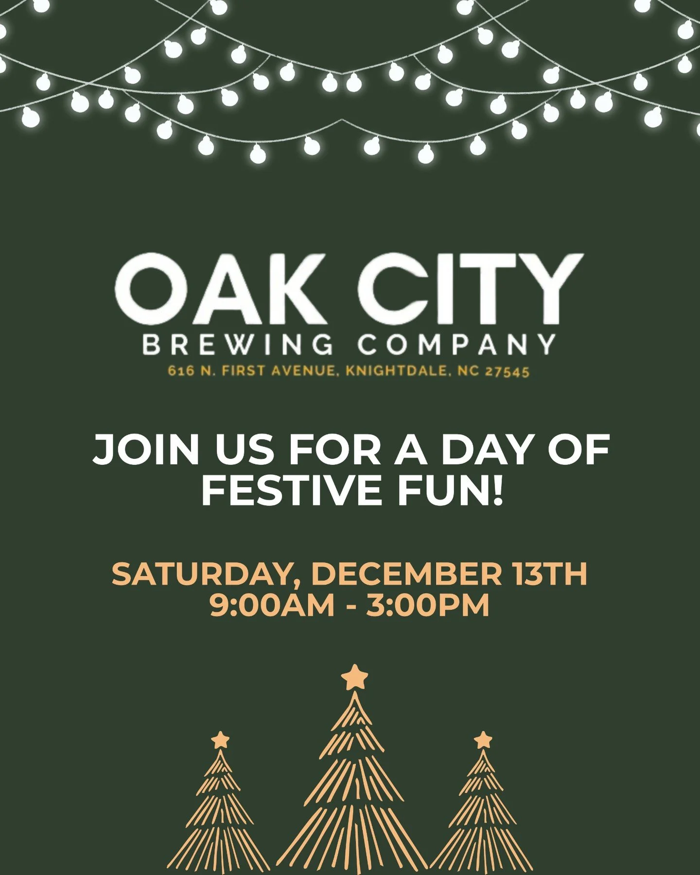 Join us for a fun-filled, festive Saturday with Oak City Brewing Company! 

🎄 Serving from 9:00 AM - 3:00 PM
🎄 Knightdale Christmas Parade - 11:00 AM - 3:00 PM
🎄 Oak City Brewing Holiday Market &amp; Santa Meet &amp; Greet - 12:00 PM - 1:30 PM

#r