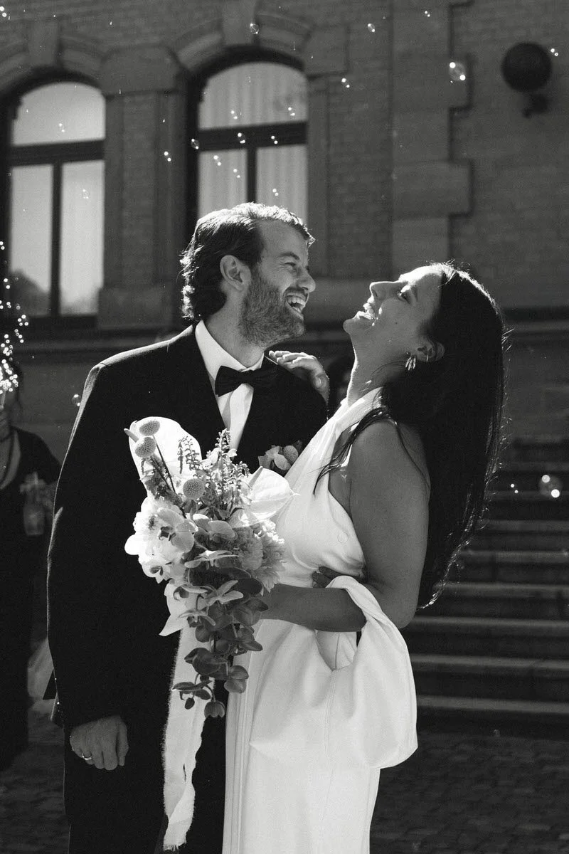 Happy bride and groom after civil wedding